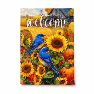 Welcome Bluebird Fall Garden Flag 12x18 Sunflowers Pumpkins Autumn